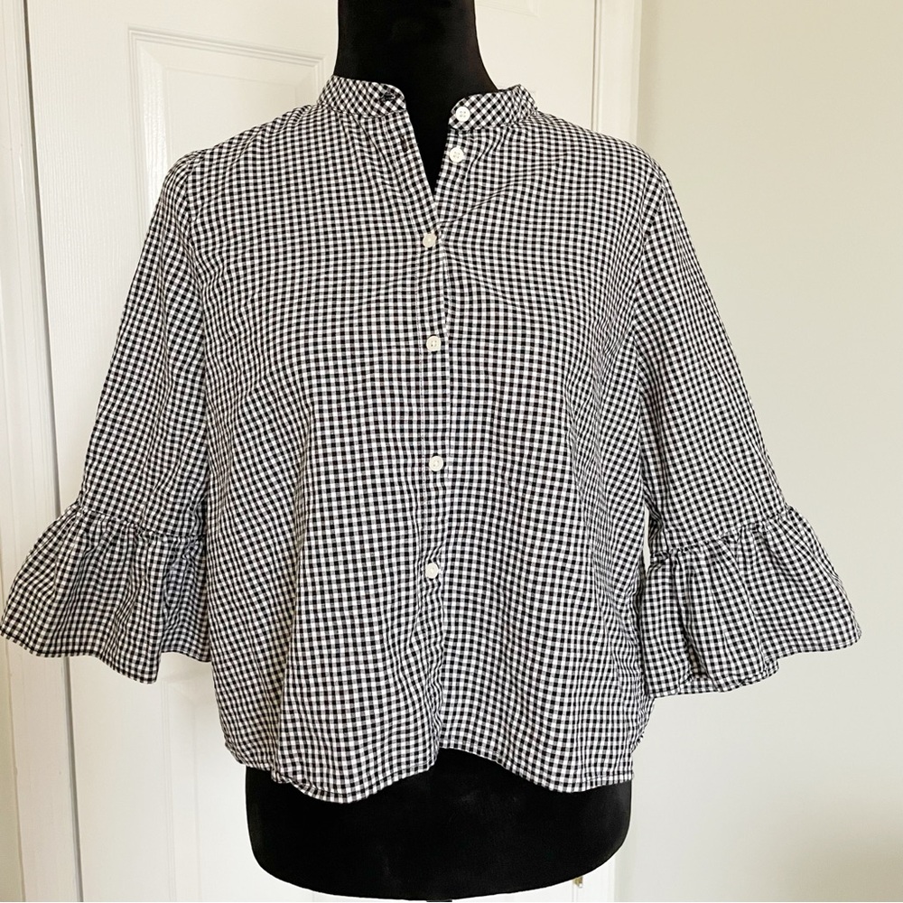 MADEWELL Black & White Gingham Bell Sleeve Button Down Shirt Large - Picture 2 of 5